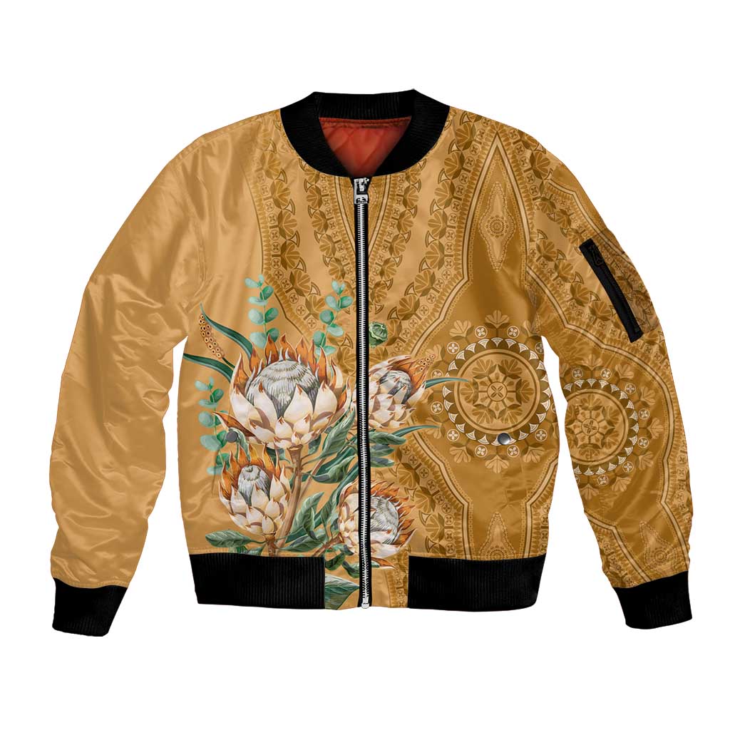 Africa King Proteas Dashiki Motif Sleeve Zip Bomber Jacket Gold Style - Wonder Print Shop