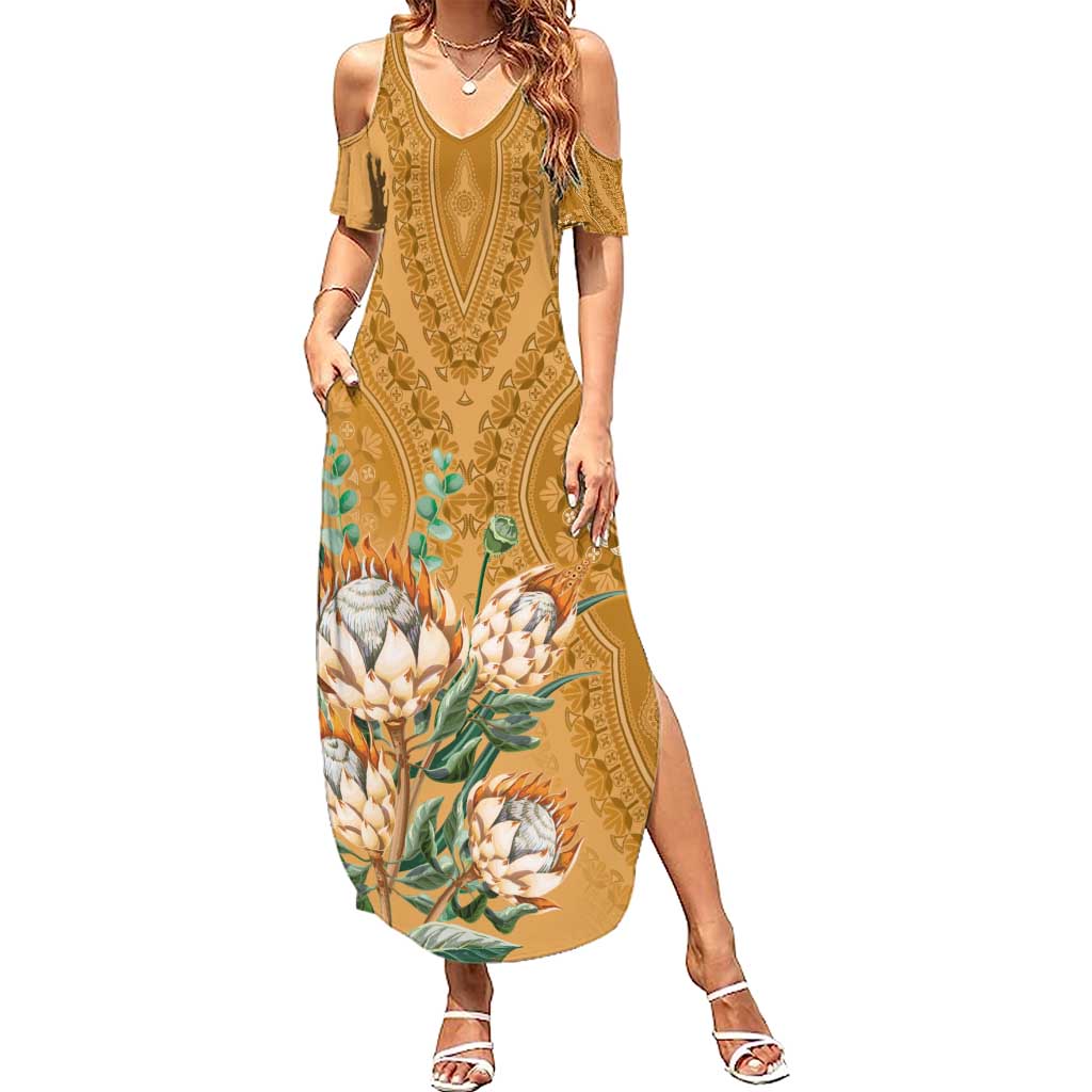 Africa King Proteas Dashiki Motif Summer Maxi Dress Gold Style - Wonder Print Shop