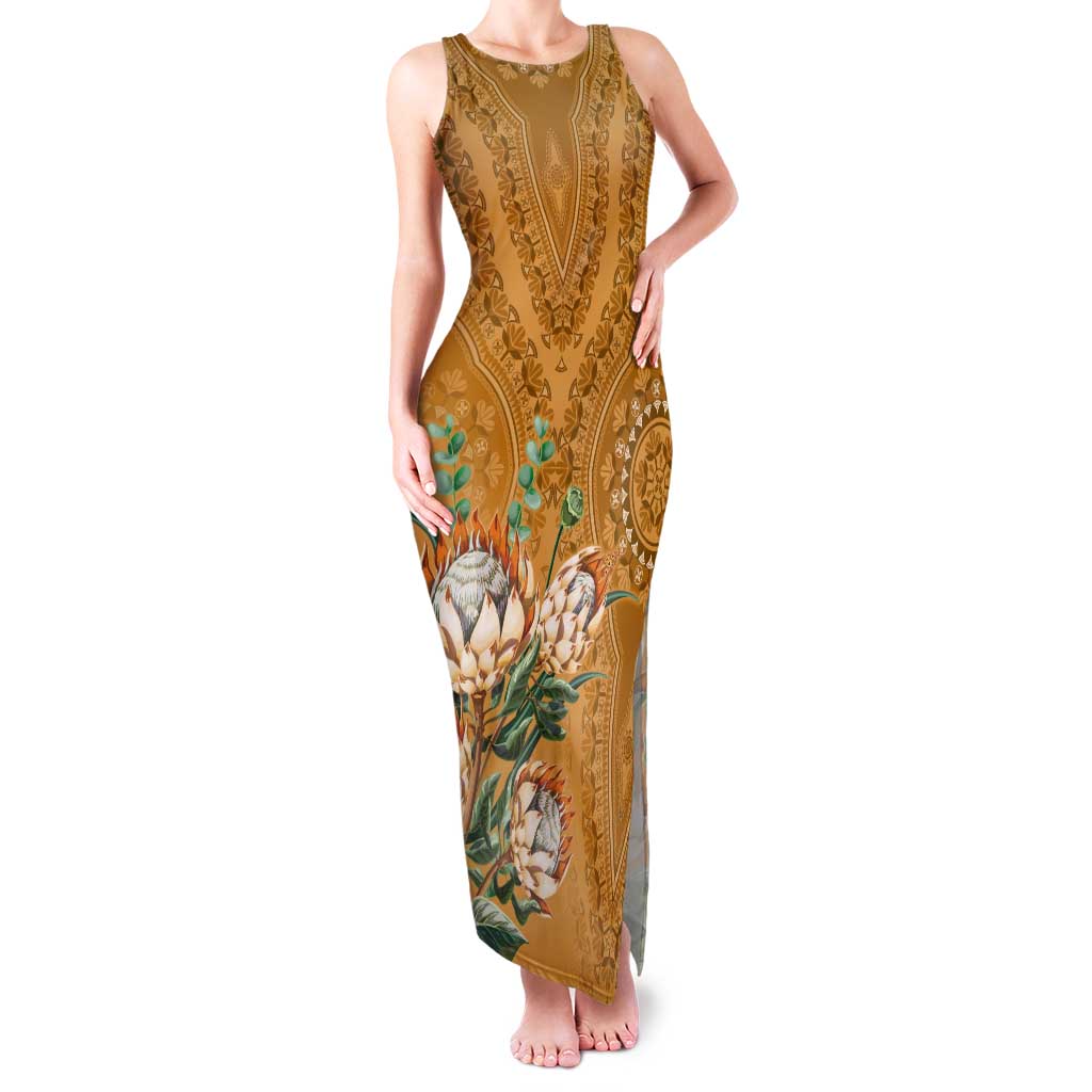 Africa King Proteas Dashiki Motif Tank Maxi Dress Gold Style - Wonder Print Shop