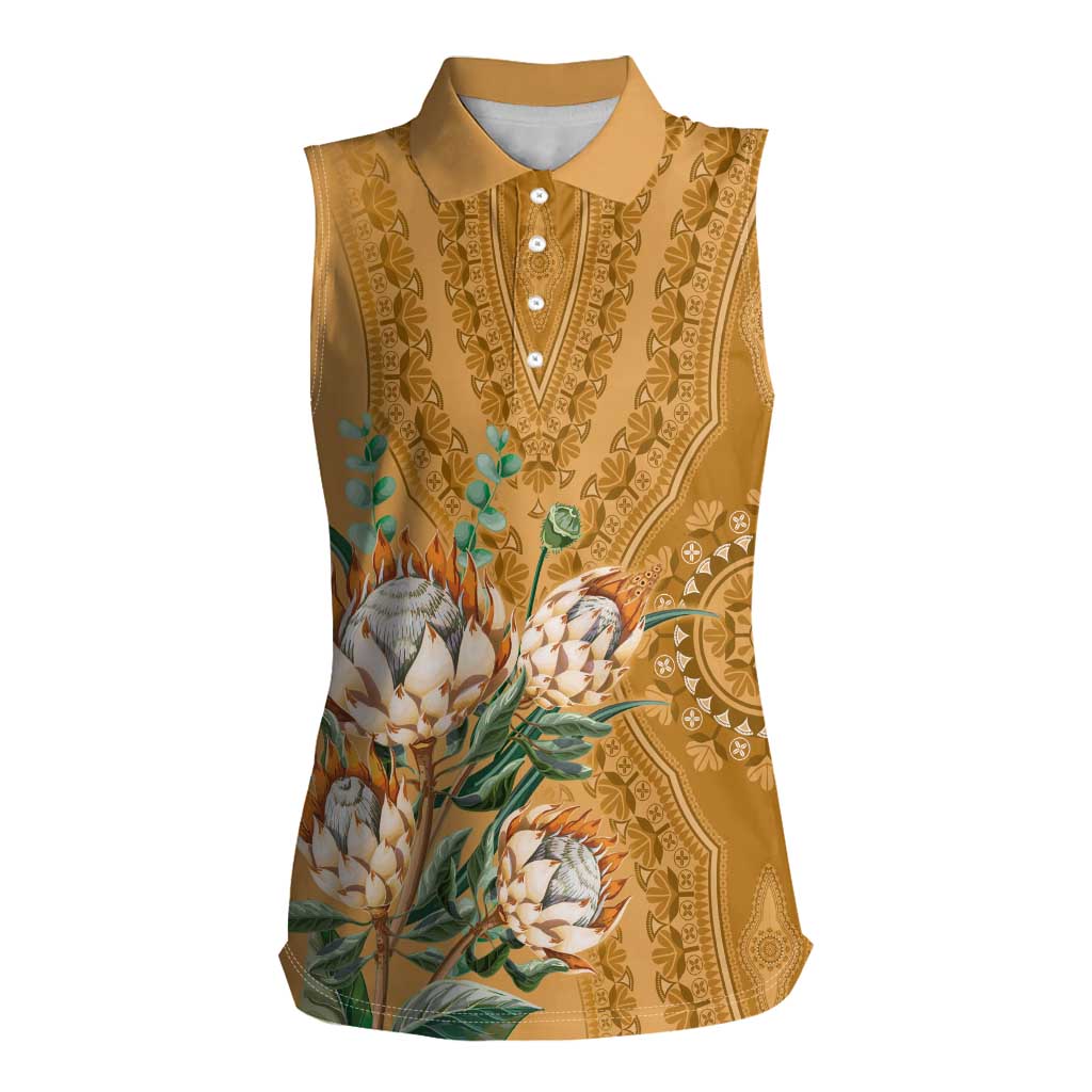 Africa King Proteas Dashiki Motif Women Sleeveless Polo Shirt Gold Style - Wonder Print Shop