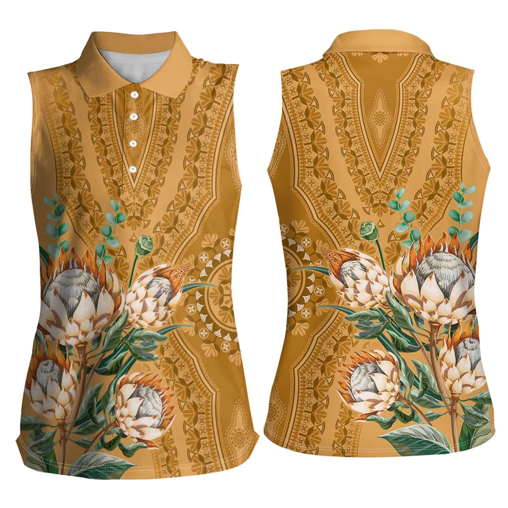 Africa King Proteas Dashiki Motif Women Sleeveless Polo Shirt Gold Style - Wonder Print Shop