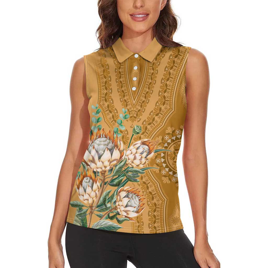 Africa King Proteas Dashiki Motif Women Sleeveless Polo Shirt Gold Style - Wonder Print Shop
