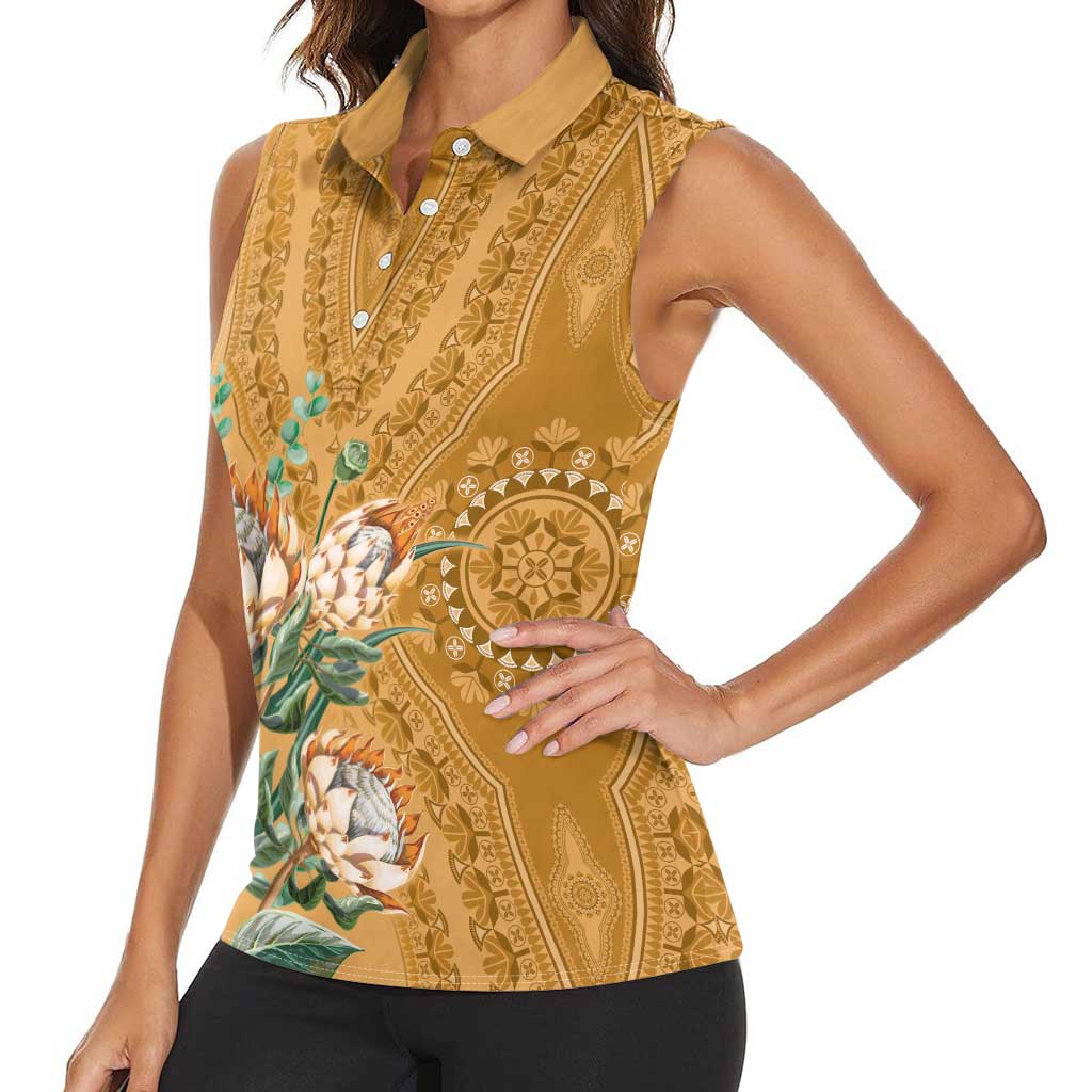 Africa King Proteas Dashiki Motif Women Sleeveless Polo Shirt Gold Style - Wonder Print Shop