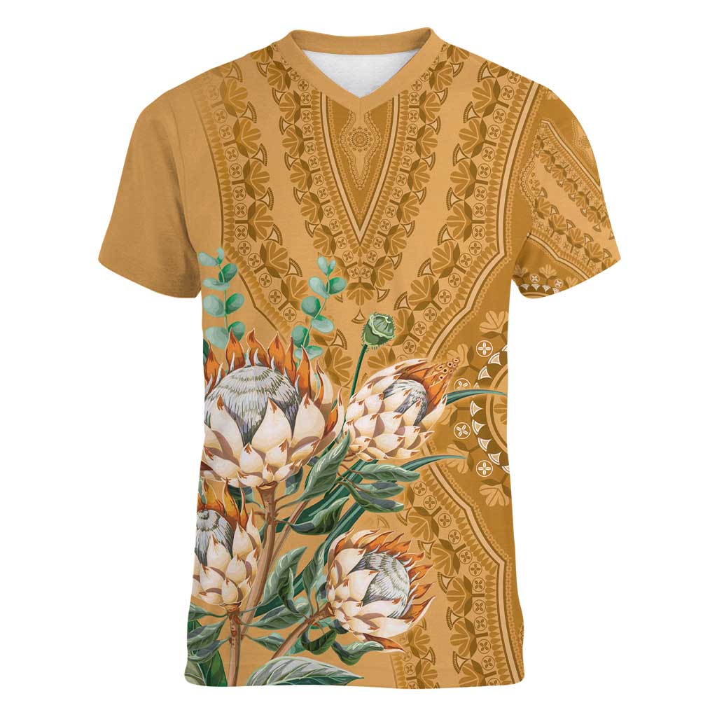 Africa King Proteas Dashiki Motif Women V-Neck T-Shirt Gold Style - Wonder Print Shop