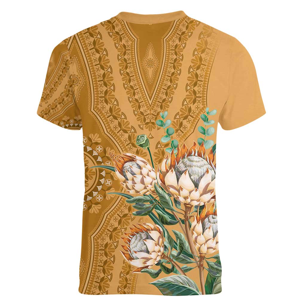 Africa King Proteas Dashiki Motif Women V-Neck T-Shirt Gold Style - Wonder Print Shop