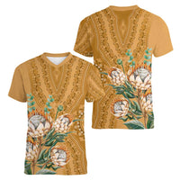 Africa King Proteas Dashiki Motif Women V-Neck T-Shirt Gold Style - Wonder Print Shop