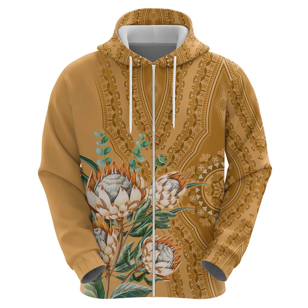 Africa King Proteas Dashiki Motif Zip Hoodie Gold Style - Wonder Print Shop