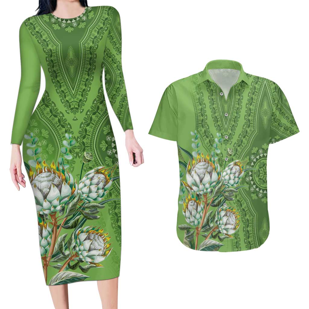 Africa King Proteas Dashiki Motif Couples Matching Long Sleeve Bodycon Dress and Hawaiian Shirt Green Style LT9 - Wonder Print Shop