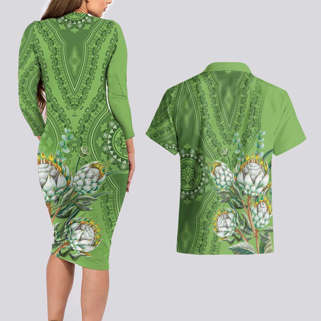 Africa King Proteas Dashiki Motif Couples Matching Long Sleeve Bodycon Dress and Hawaiian Shirt Green Style LT9 - Wonder Print Shop