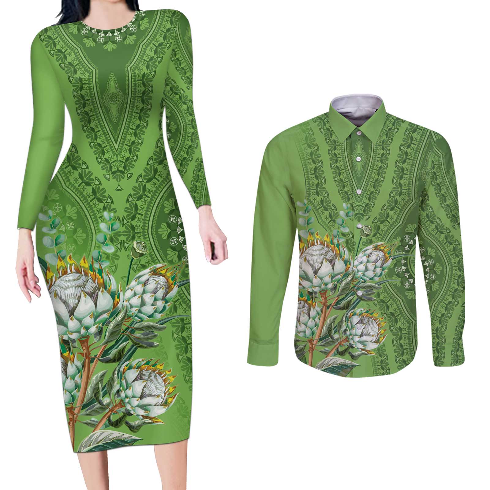 Africa King Proteas Dashiki Motif Couples Matching Long Sleeve Bodycon Dress and Long Sleeve Button Shirt Green Style LT9 - Wonder Print Shop