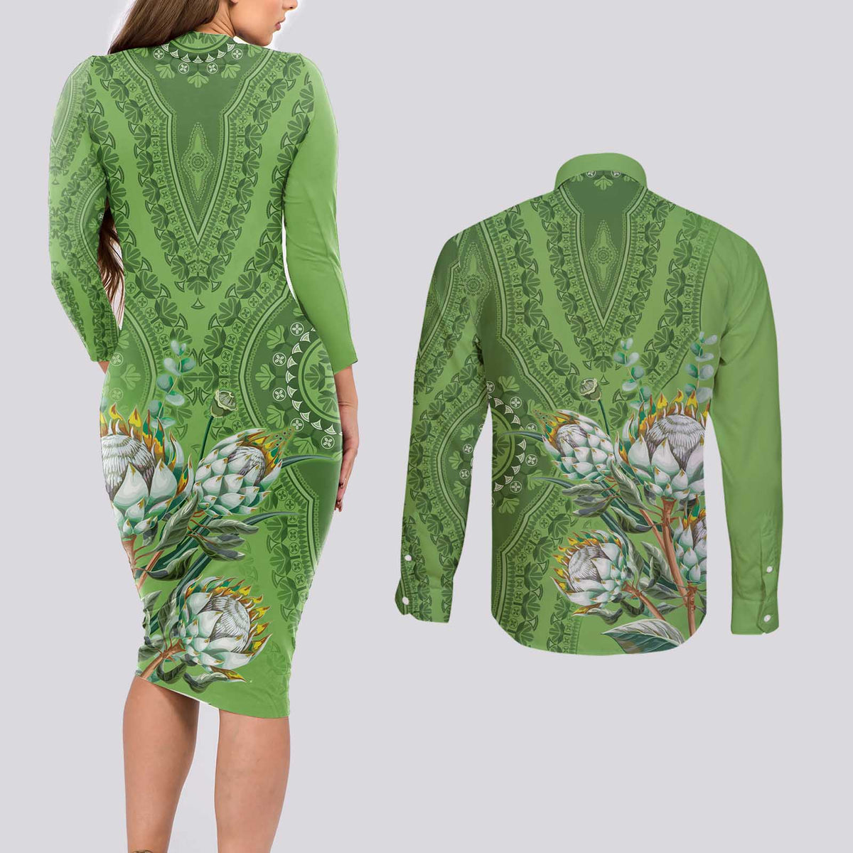 Africa King Proteas Dashiki Motif Couples Matching Long Sleeve Bodycon Dress and Long Sleeve Button Shirt Green Style LT9 - Wonder Print Shop