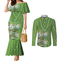 Africa King Proteas Dashiki Motif Couples Matching Mermaid Dress and Long Sleeve Button Shirt Green Style