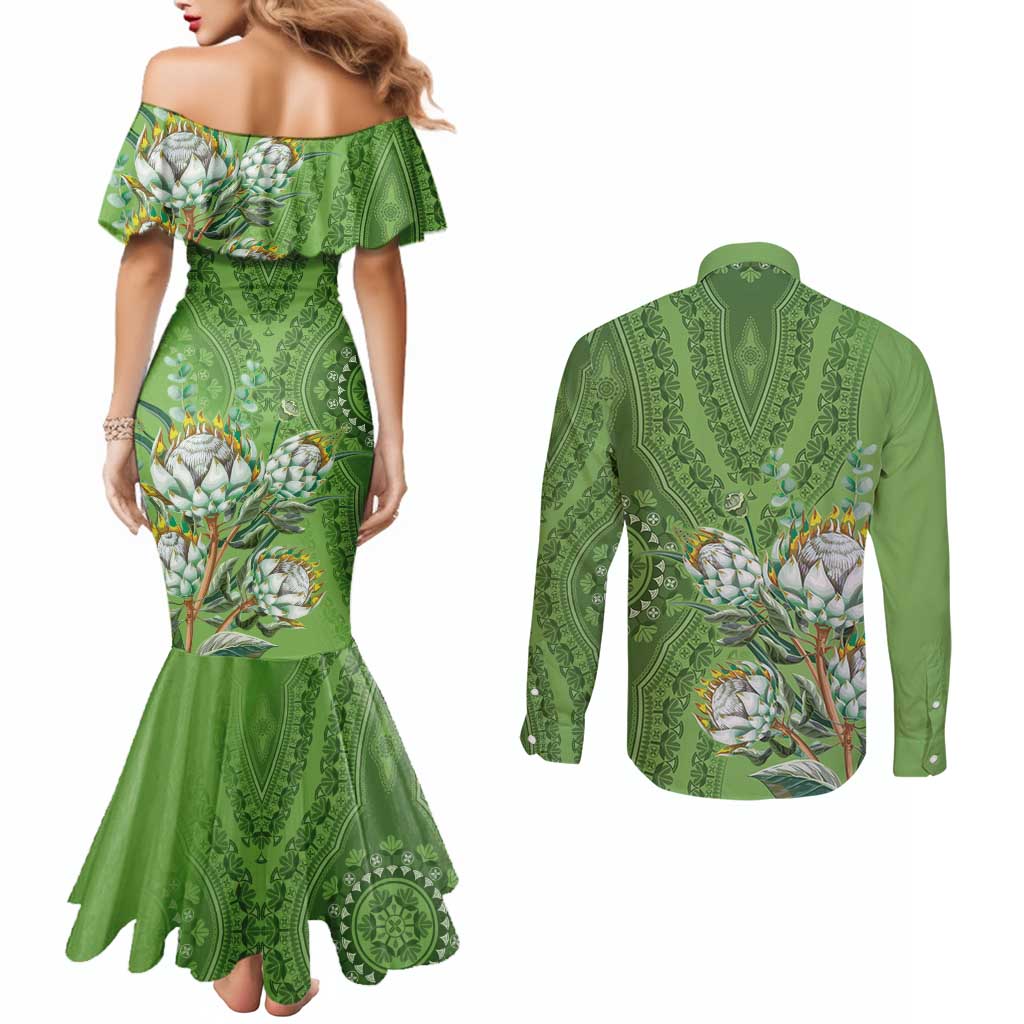 Africa King Proteas Dashiki Motif Couples Matching Mermaid Dress and Long Sleeve Button Shirt Green Style