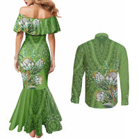 Africa King Proteas Dashiki Motif Couples Matching Mermaid Dress and Long Sleeve Button Shirt Green Style