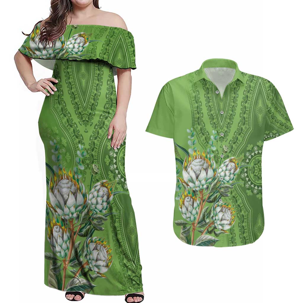 Africa King Proteas Dashiki Motif Couples Matching Off Shoulder Maxi Dress and Hawaiian Shirt Green Style LT9 - Wonder Print Shop