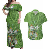 Africa King Proteas Dashiki Motif Couples Matching Off Shoulder Maxi Dress and Hawaiian Shirt Green Style LT9 - Wonder Print Shop