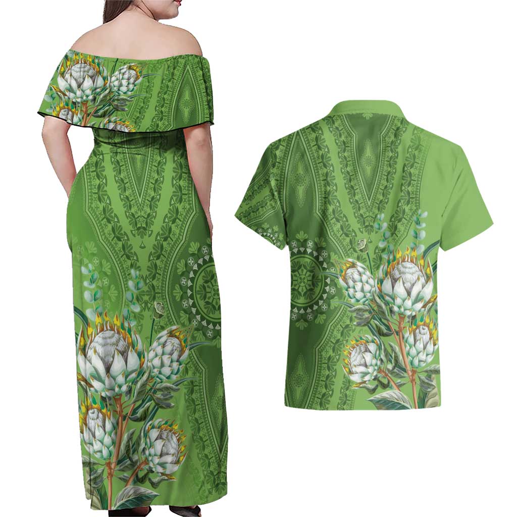 Africa King Proteas Dashiki Motif Couples Matching Off Shoulder Maxi Dress and Hawaiian Shirt Green Style LT9 - Wonder Print Shop