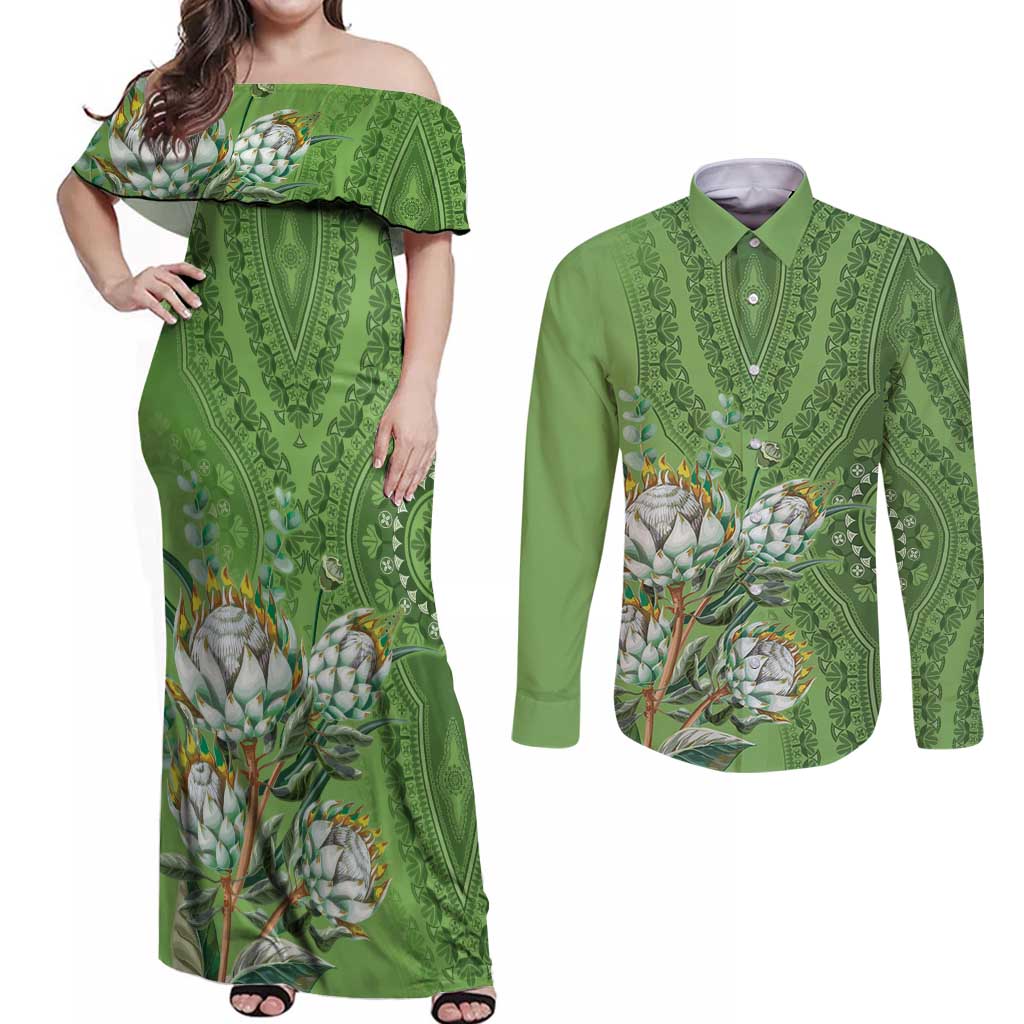 Africa King Proteas Dashiki Motif Couples Matching Off Shoulder Maxi Dress and Long Sleeve Button Shirt Green Style LT9 - Wonder Print Shop