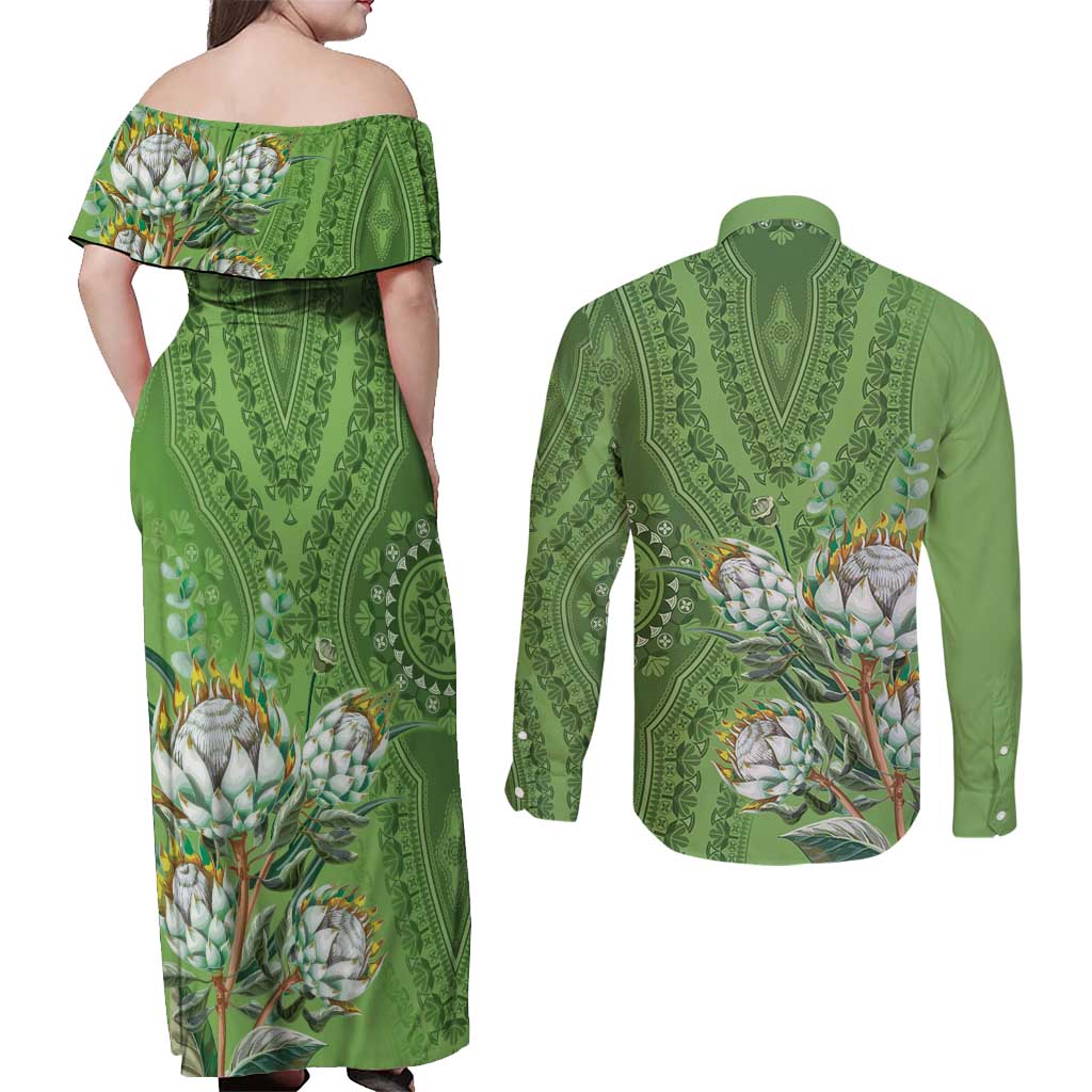 Africa King Proteas Dashiki Motif Couples Matching Off Shoulder Maxi Dress and Long Sleeve Button Shirt Green Style LT9 - Wonder Print Shop