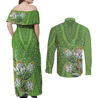 Africa King Proteas Dashiki Motif Couples Matching Off Shoulder Maxi Dress and Long Sleeve Button Shirt Green Style LT9 - Wonder Print Shop