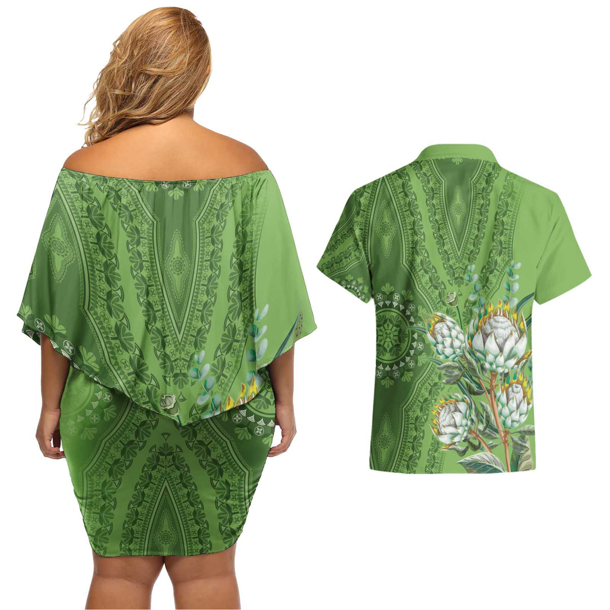 Africa King Proteas Dashiki Motif Couples Matching Off Shoulder Short Dress and Hawaiian Shirt Green Style LT9 - Wonder Print Shop