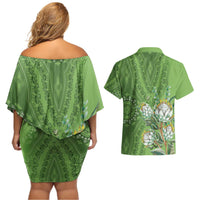 Africa King Proteas Dashiki Motif Couples Matching Off Shoulder Short Dress and Hawaiian Shirt Green Style LT9 - Wonder Print Shop