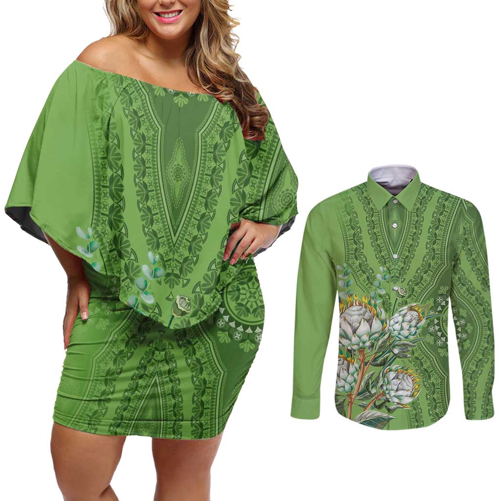 Africa King Proteas Dashiki Motif Couples Matching Off Shoulder Short Dress and Long Sleeve Button Shirt Green Style LT9 - Wonder Print Shop