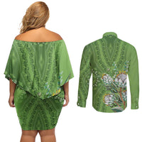 Africa King Proteas Dashiki Motif Couples Matching Off Shoulder Short Dress and Long Sleeve Button Shirt Green Style LT9 - Wonder Print Shop