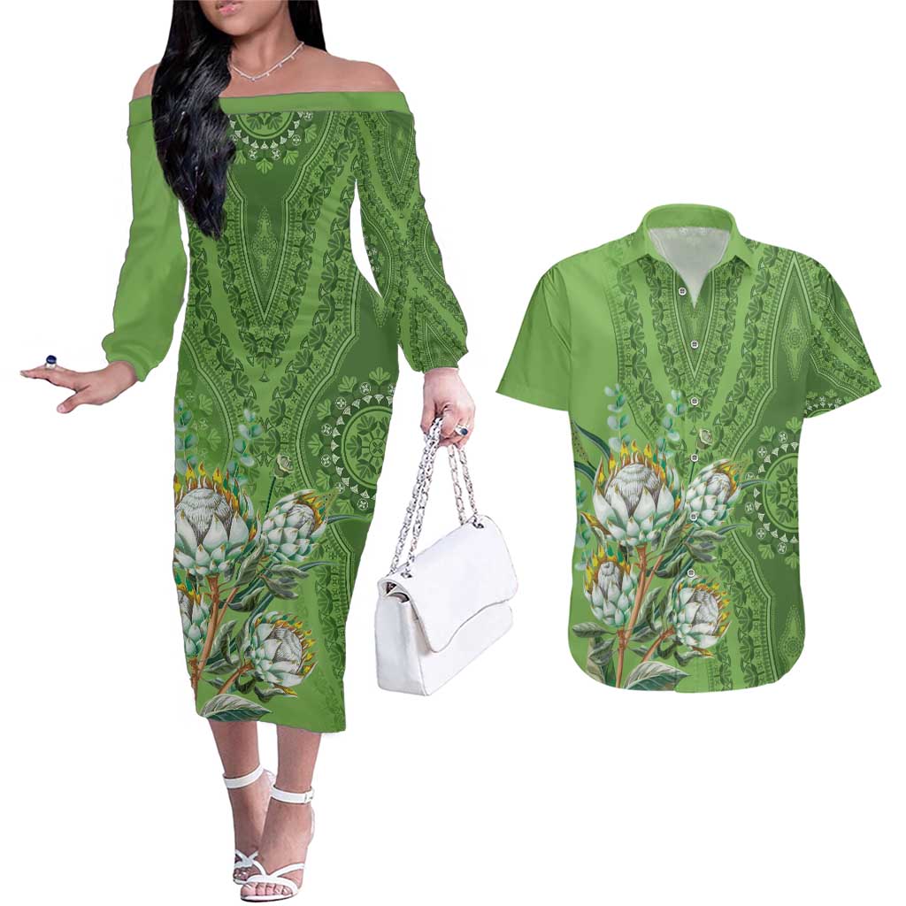 Africa King Proteas Dashiki Motif Couples Matching Off The Shoulder Long Sleeve Dress and Hawaiian Shirt Green Style LT9 - Wonder Print Shop