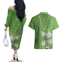 Africa King Proteas Dashiki Motif Couples Matching Off The Shoulder Long Sleeve Dress and Hawaiian Shirt Green Style LT9 - Wonder Print Shop