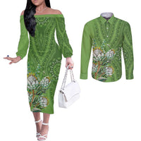 Africa King Proteas Dashiki Motif Couples Matching Off The Shoulder Long Sleeve Dress and Long Sleeve Button Shirt Green Style