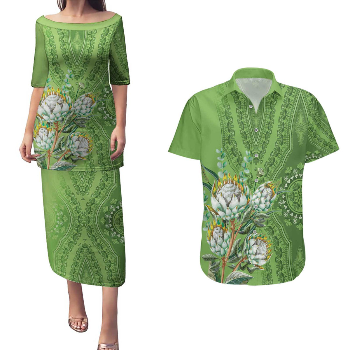 Africa King Proteas Dashiki Motif Couples Matching Puletasi and Hawaiian Shirt Green Style LT9 - Wonder Print Shop