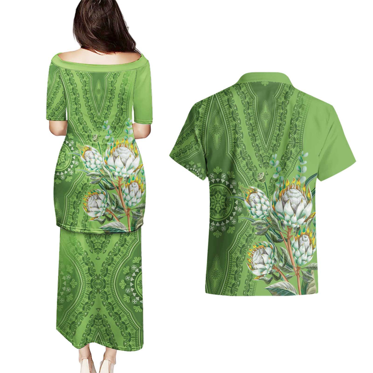 Africa King Proteas Dashiki Motif Couples Matching Puletasi and Hawaiian Shirt Green Style LT9 - Wonder Print Shop