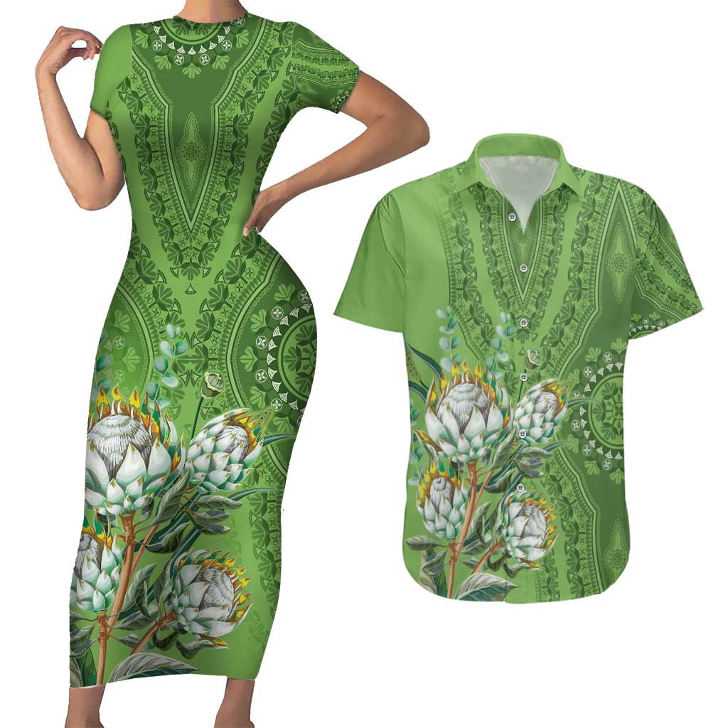 Africa King Proteas Dashiki Motif Couples Matching Short Sleeve Bodycon Dress and Hawaiian Shirt Green Style LT9 - Wonder Print Shop