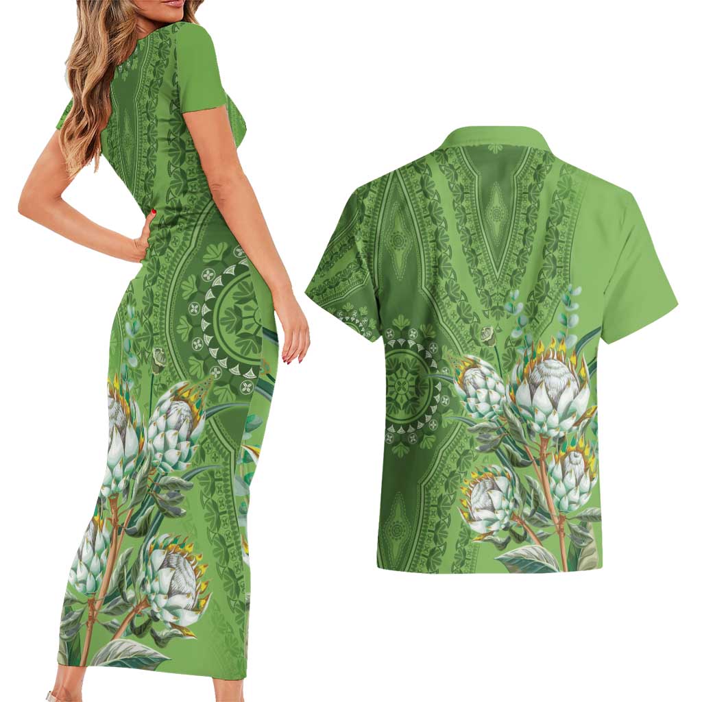Africa King Proteas Dashiki Motif Couples Matching Short Sleeve Bodycon Dress and Hawaiian Shirt Green Style LT9 - Wonder Print Shop