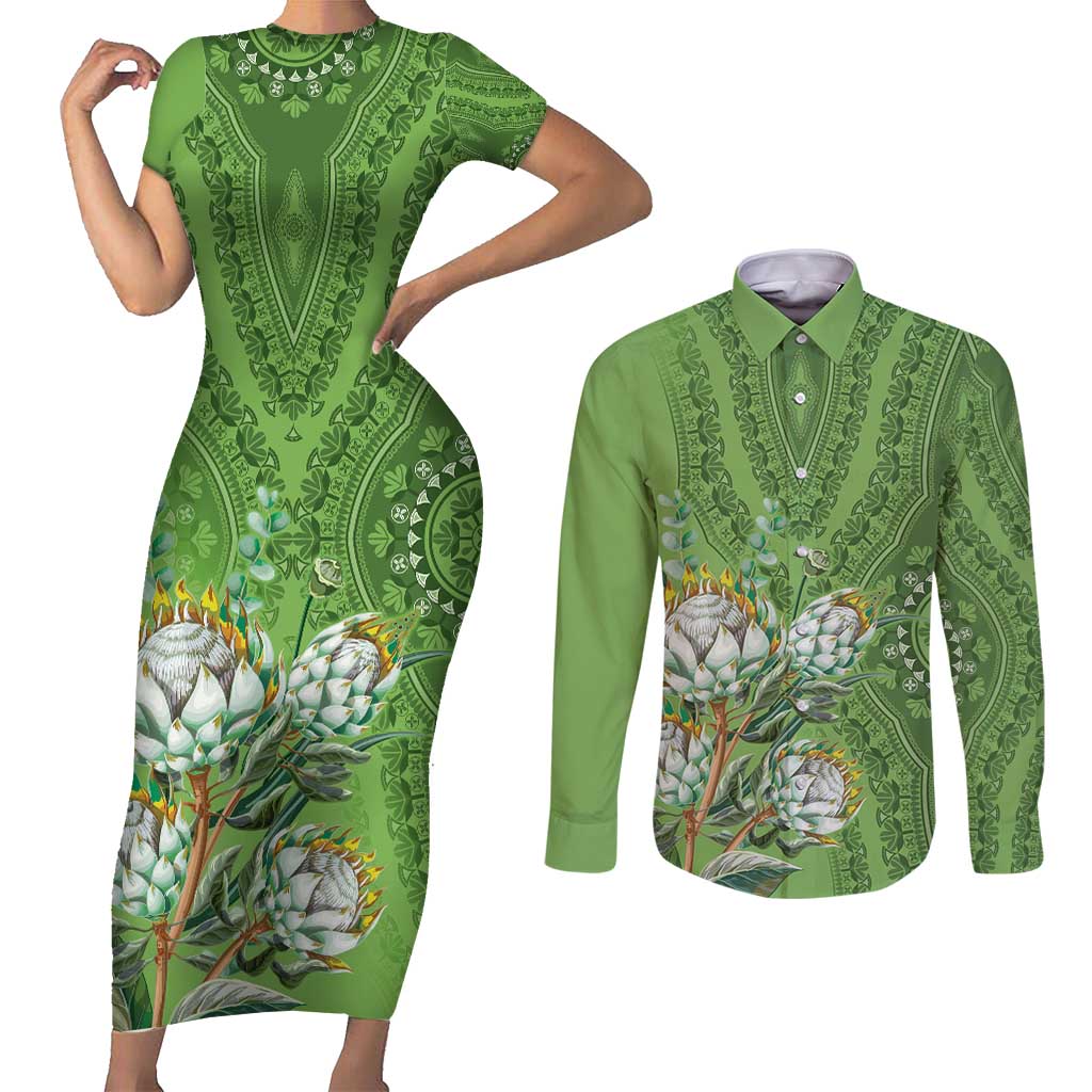 Africa King Proteas Dashiki Motif Couples Matching Short Sleeve Bodycon Dress and Long Sleeve Button Shirt Green Style LT9 - Wonder Print Shop