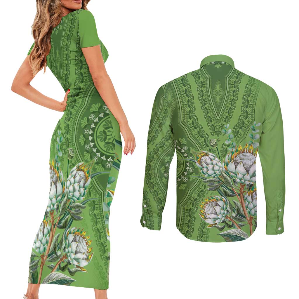 Africa King Proteas Dashiki Motif Couples Matching Short Sleeve Bodycon Dress and Long Sleeve Button Shirt Green Style LT9 - Wonder Print Shop