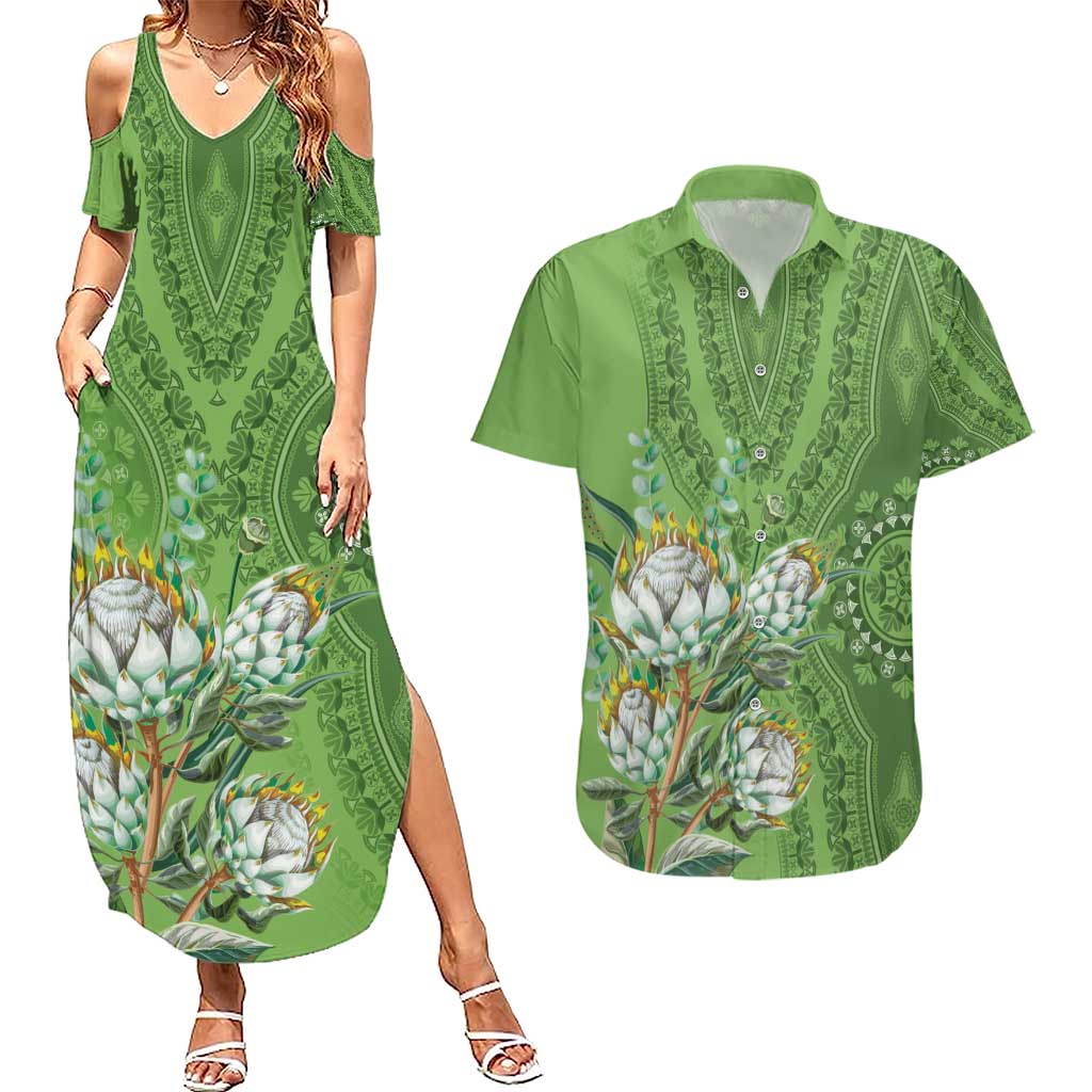 Africa King Proteas Dashiki Motif Couples Matching Summer Maxi Dress and Hawaiian Shirt Green Style LT9 - Wonder Print Shop