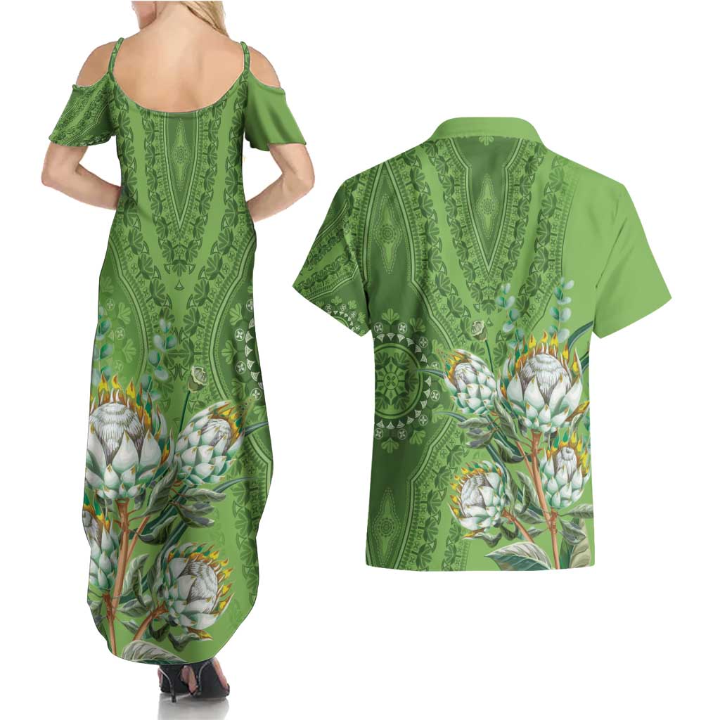 Africa King Proteas Dashiki Motif Couples Matching Summer Maxi Dress and Hawaiian Shirt Green Style LT9 - Wonder Print Shop