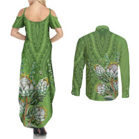 Africa King Proteas Dashiki Motif Couples Matching Summer Maxi Dress and Long Sleeve Button Shirt Green Style LT9 - Wonder Print Shop
