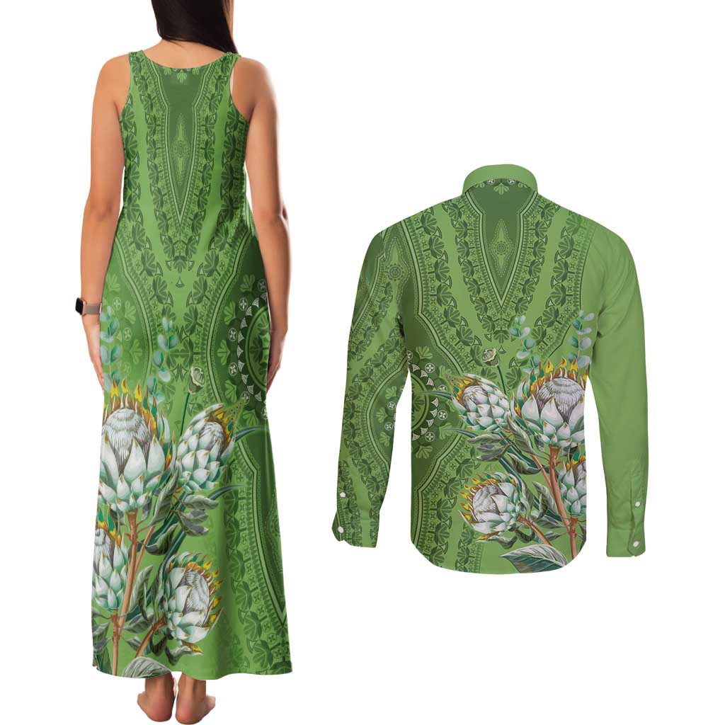 Africa King Proteas Dashiki Motif Couples Matching Tank Maxi Dress and Long Sleeve Button Shirt Green Style LT9 - Wonder Print Shop