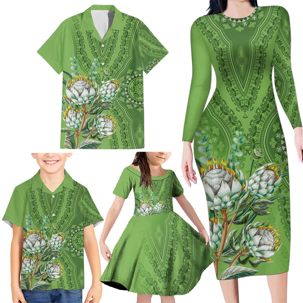 Africa King Proteas Dashiki Motif Family Matching Long Sleeve Bodycon Dress and Hawaiian Shirt Green Style LT9 - Wonder Print Shop