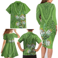 Africa King Proteas Dashiki Motif Family Matching Long Sleeve Bodycon Dress and Hawaiian Shirt Green Style LT9 - Wonder Print Shop