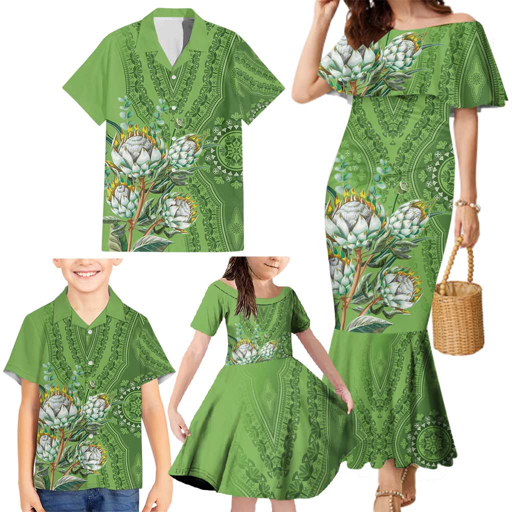 Africa King Proteas Dashiki Motif Family Matching Mermaid Dress and Hawaiian Shirt Green Style LT9 - Wonder Print Shop