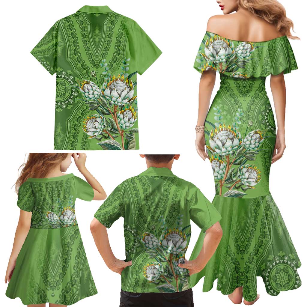 Africa King Proteas Dashiki Motif Family Matching Mermaid Dress and Hawaiian Shirt Green Style LT9 - Wonder Print Shop