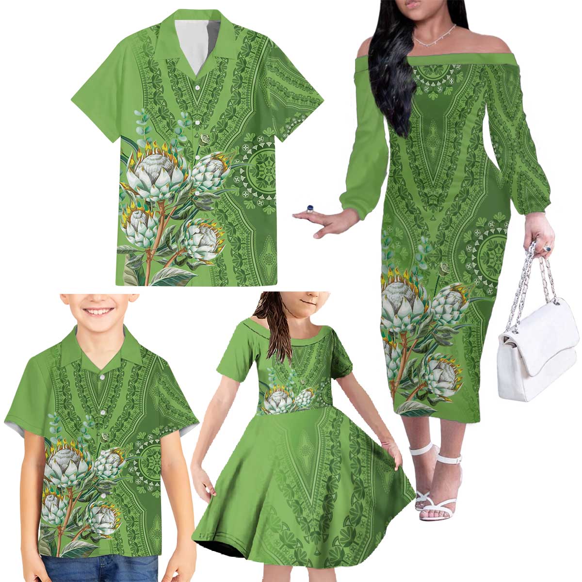 Africa King Proteas Dashiki Motif Family Matching Off The Shoulder Long Sleeve Dress and Hawaiian Shirt Green Style - Wonder Print Shop