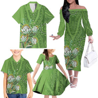 Africa King Proteas Dashiki Motif Family Matching Off The Shoulder Long Sleeve Dress and Hawaiian Shirt Green Style - Wonder Print Shop