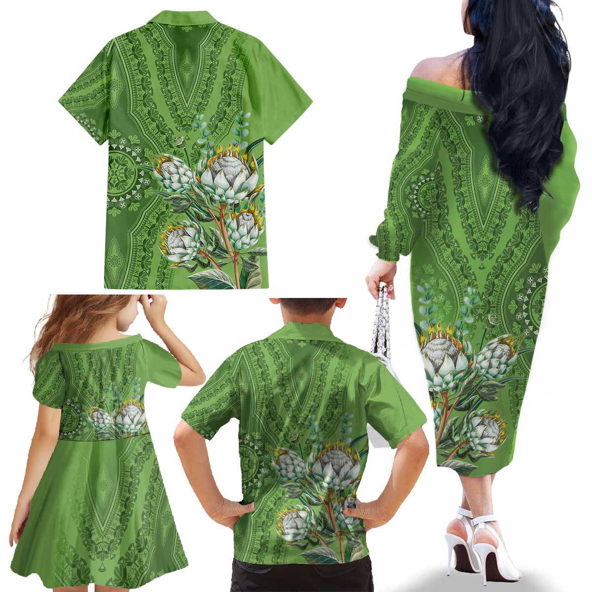 Africa King Proteas Dashiki Motif Family Matching Off The Shoulder Long Sleeve Dress and Hawaiian Shirt Green Style - Wonder Print Shop