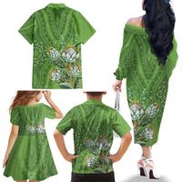Africa King Proteas Dashiki Motif Family Matching Off The Shoulder Long Sleeve Dress and Hawaiian Shirt Green Style - Wonder Print Shop