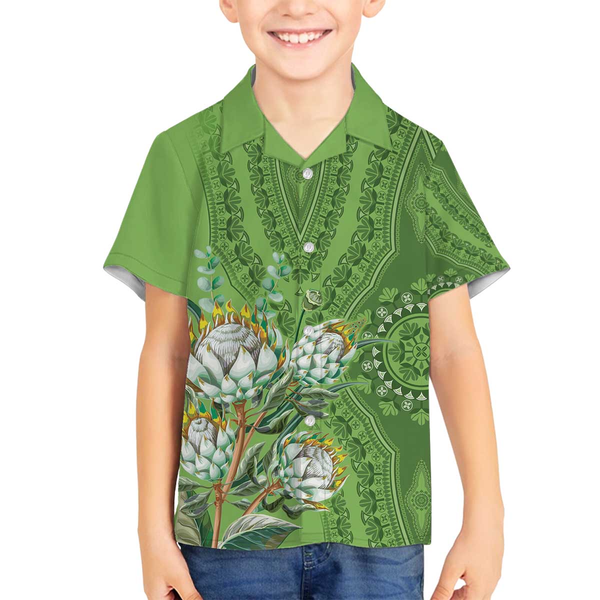 Africa King Proteas Dashiki Motif Family Matching Off The Shoulder Long Sleeve Dress and Hawaiian Shirt Green Style - Wonder Print Shop